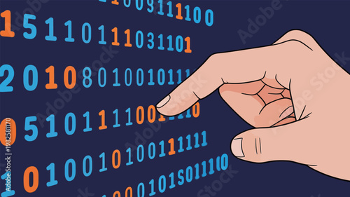 Hand Pointing at Binary Code Digital Data