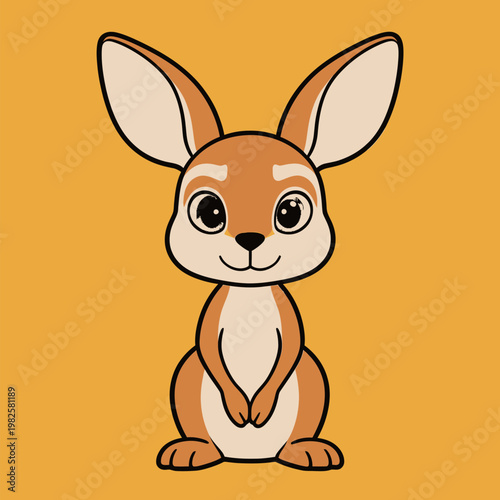 Cute Cartoon Kangaroo with Large Ears on Yellow Background