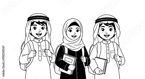 Three smiling Arab students with books and bags, ready for school.
