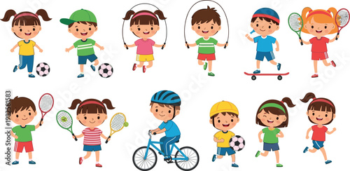 Active Kids Playing Sports, Soccer, Tennis, Skipping Rope, Skateboarding, and Cycling for Outdoor Fun and Childhood Activities