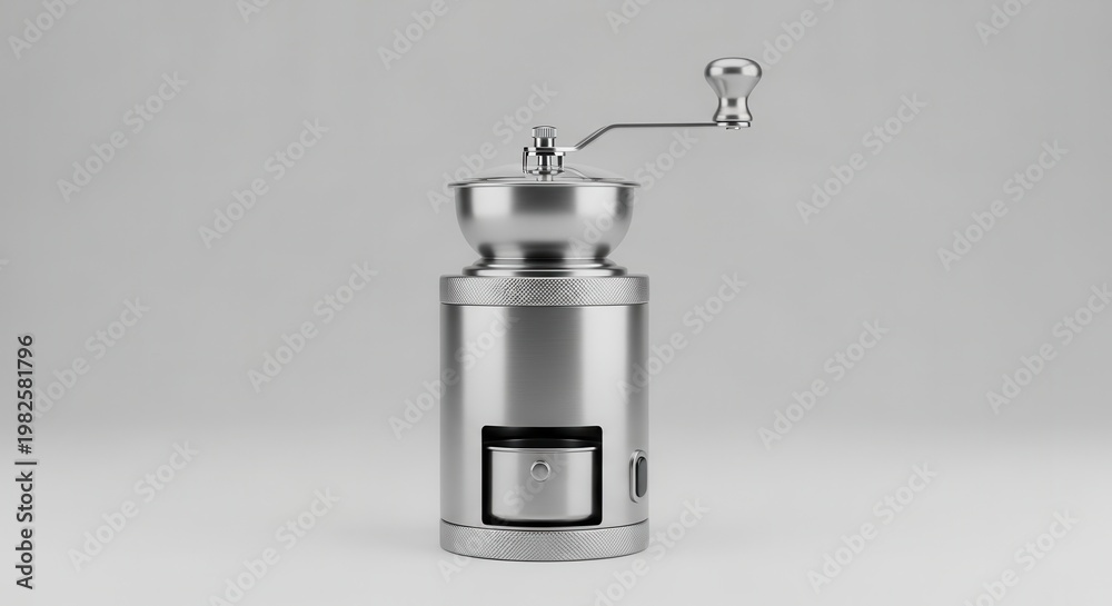 Obraz premium Contemporary manual coffee grinder crafted from polished stainless steel, ready for brewing fresh
