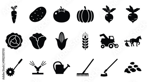 Essential agriculture and farming icons collection with vegetables, grain, farm machinery, and gardening tools, useful for agribusiness, food production, and horticulture visual projects.
