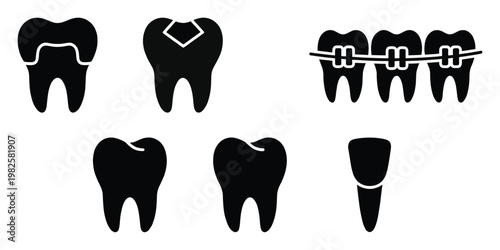 Essential dentistry icons illustrating tooth conditions such as a dental crown, restorative filling, healthy teeth, and orthodontic appliances, suitable for educational resources and dental