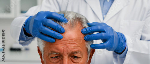 A professional medical doctor in blue protective gloves is carefully examining the scalp of a senior man with distinguished grey hair, likely assessing hair health or potential hair loss conditions