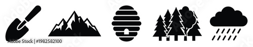 Set of essential outdoor and nature related black silhouette icons featuring a hand trowel rugged mountains classic beehive diverse forest trees and a weather cloud with rain useful for