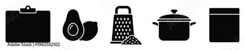 Modern kitchen and cooking icons presenting a clipboard, avocados, grater, pot, and storage container, ideal for recipe applications, food preparation guides, and culinary themed promotions.