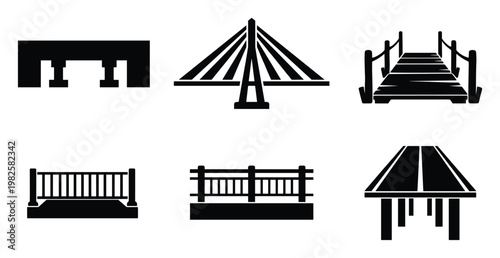 A collection of diverse bridge silhouette icons perfect for architectural design projects, infrastructure presentations, web graphics, and engineeringrelated applications