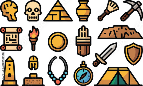 A comprehensive collection of archaeological and adventure icons perfect for illustrating ancient civilization discoveries and thrilling exploration concepts.
