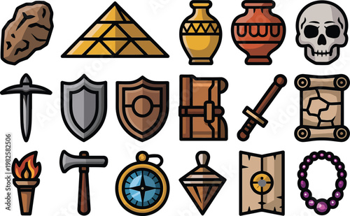 A comprehensive collection of various fantasy adventure game icons, including weapons, tools, artifacts, and treasure, suitable for digital media.