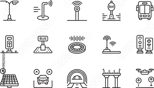 A comprehensive collection of line icons representing smart city infrastructure and modern urban technology solutions for intelligent living.