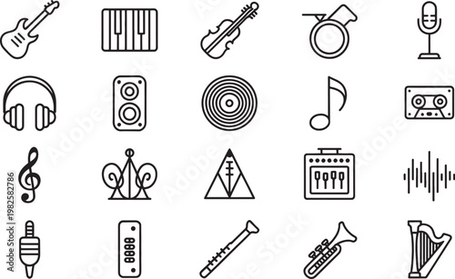 A diverse collection of musical instruments and audio equipment icons presented in a clean, black outline vector style on a white background.