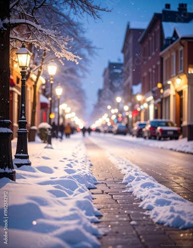 A snowy street scene illuminated by warm streetlights, lined with buildings. Pedestrians walk in the distance