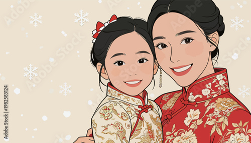 Illustration of Mother and Daughter in Traditional Chinese Outfits