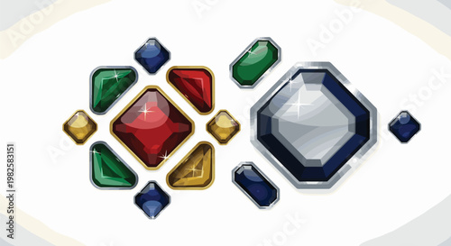 A brilliant collection of polished precious gemstones featuring a large central red diamond surrounded by emerald green and sapphire blue jewels in silver settings.