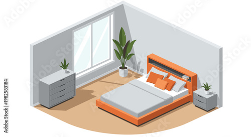 A stylish isometric bedroom interior features a vibrant orange bed frame with grey bedding and matching furniture set against a clean and bright wall.