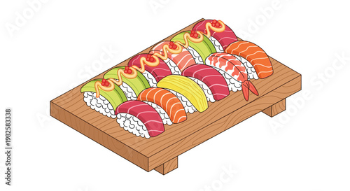 A meticulously arranged wooden sushi platter displays multiple rows of colorful nigiri topped with fresh avocado and drizzled sauce in a professional isometric view.