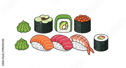 A delicious assortment of fresh sushi pieces featuring vibrant salmon and tuna nigiri alongside detailed maki rolls and green wasabi mounds on a white background.