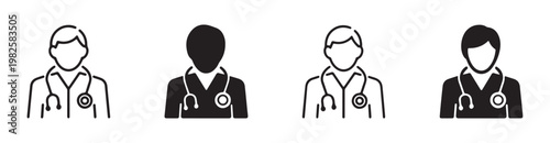 Doctor icons medical professionals with stethoscope and different styles for healthcare and clinic use.
