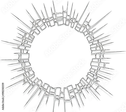 Abstract radial burst in vector art with fragmented circular elements and outward radiating lines