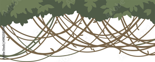 A vibrant jungle canopy with hanging vines and lush green leaves creating a natural and wild atmosphere