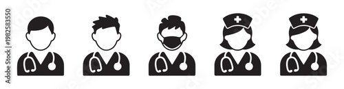 Medical staff icons including doctors and nurses with masks and caps for healthcare and clinic.
