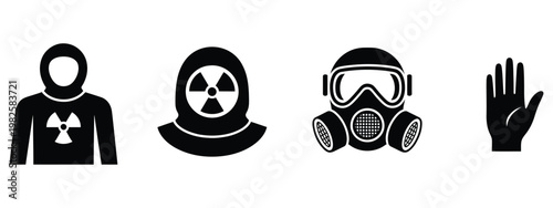 Hazmat and protection gear icon set including gas mask, gloves, and radiation suit in black silhouette on white background