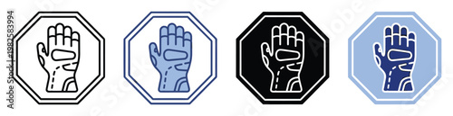 Gloved hand safety warning symbol in octagonal outline and solid variations, perfect for industrial protection, security, and hazardous zone indicators.