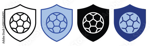 A series of soccer ball shield emblems symbolizing sports protection and team spirit, ideal for athletic branding, game development, and club identification