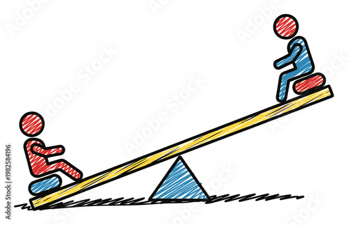 Scribbled graphic of two stylized figures on a seesaw illustrating concepts of imbalance, weight, equality, or comparison suitable for educational content and analytical reports