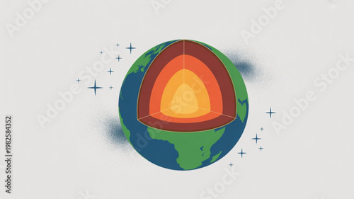 Earth cross section with colorful inner layers and outer space stars globe illustration