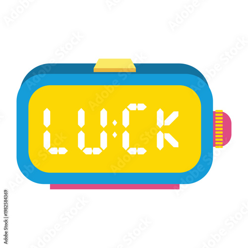 A digital clock displaying the word luck.