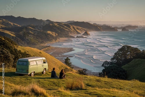 A vintage camper van overlooks a stunning coastal landscape at sunset, with two figures enjoying the view.