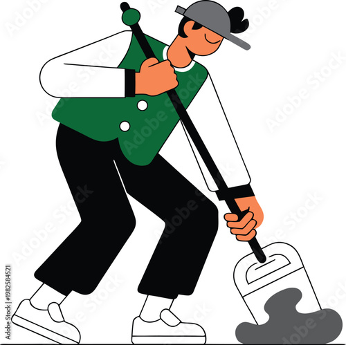 Janitor Cleaning Floor with Mop Flat Vector Illustration