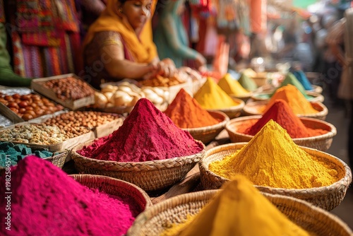 A vibrant market scene showcases colorful powders arranged in woven baskets alongside a variety of nuts and spices, with a blurred figure in traditional clothing in the background.