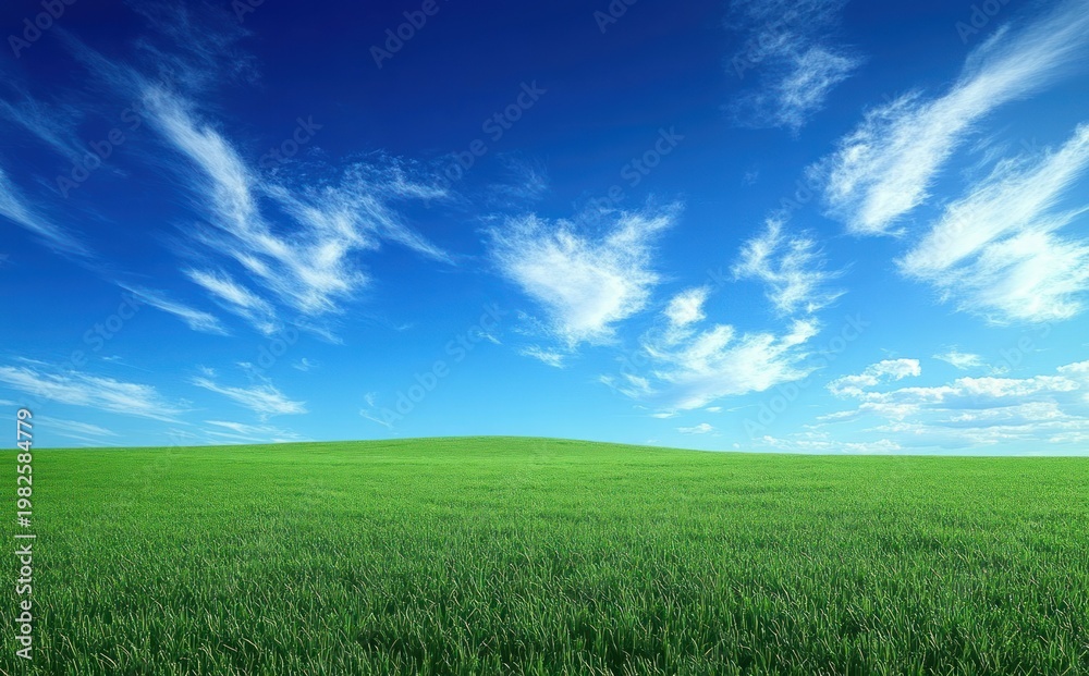 Fototapeta premium Vast green meadow and gentle rolling hill beneath a bright blue sky with wispy white clouds, evoking calm peacefulness and open airy freedom