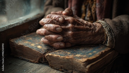 A close-up captures the weathered hands of an elderly person gently clasped together atop an aged, leather-bound book, evoking a sense of wisdom, reflection, and the passage of time.