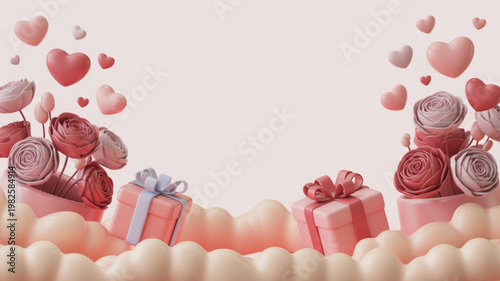 Valentine's day gifts and roses floating on clouds with hearts romantic love background