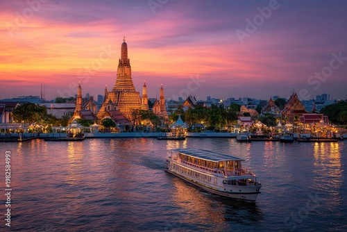 A vibrant sunset illuminates the iconic Wat Arun temple in Bangkok, Thailand, as a riverboat gracefully glides along the Chao Phraya River.
