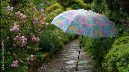 Floral umbrella standing on a stone path in a lush garden with pink roses and green foliage around it