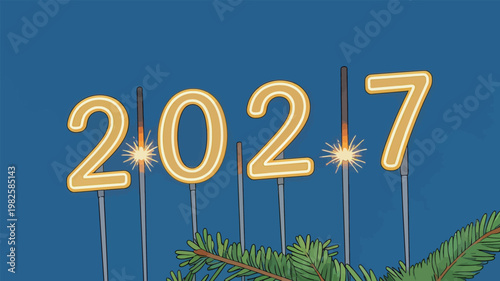 2027 Festive Celebration with Sparklers and Greenery