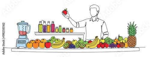 Man making fresh healthy smoothie with blender and variety of colorful fruits and vegetables, perfect for health, nutrition, and beverage related advertising campaigns