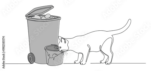 Continuous line drawing of a stray cat sniffing a small bucket next to an overflowing dumpster, depicting urban animal life and environmental issues for various media projects
