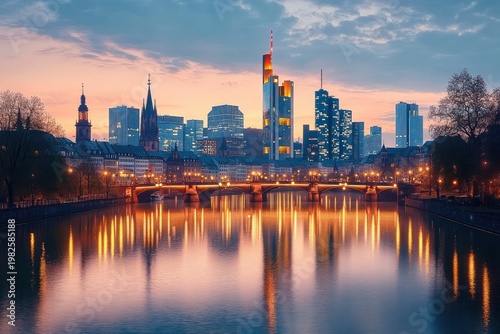 twilight city skyline with illuminated arched bridge over reflective river, modern skyscrapers and church spires, calm golden evening cityscape