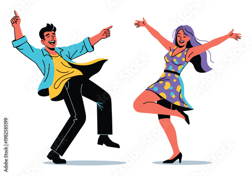 Energetic man and woman in colorful outfits expressing pure joy and celebration through dance, suitable for engaging social media posts and event advertisements