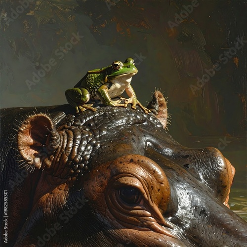 A curious frog sits on a hippopotamus's head