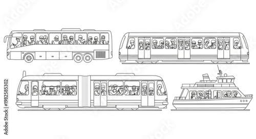 Transportation vehicles - bus, train, tram, and ferry boat in a line drawing.