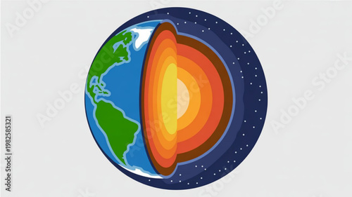 Cross section of earth showing layers of core mantle and crust in space