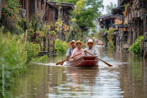 Three elderly individuals navigate a traditional wooden boat through a picturesque canal lined with aged wooden houses in a charming, historic village.