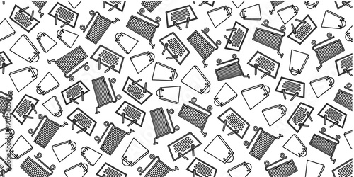 Seamless pattern with shopping bag, shopping cart and shopping basket. Shopping themed seamless pattern background in doodle style.	
