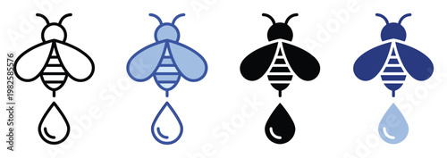 Vector icon set of bees producing honey or nectar, illustrating natural sweet products and apiculture for various digital and print applications